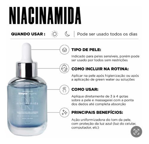 Simple Organic Niacinamida 30ml - Gel Facial para Todos os Tipos de Pele