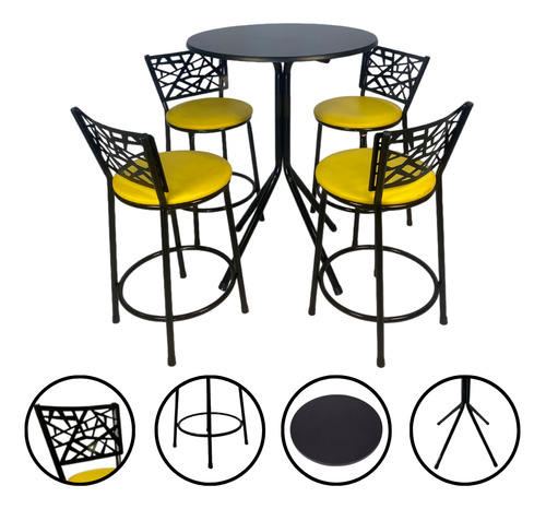 Jogo de Mesa Bistrô Redonda TMF com 4 Banquetas | Estrutura Aço e Assento Estofado