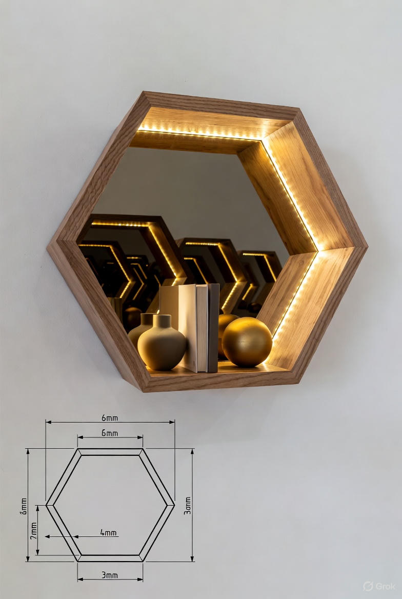 Nicho MDF Colmeia Hexagonal Premium com Espelho Infinito e LED — Iluminação Decorativa Moderna