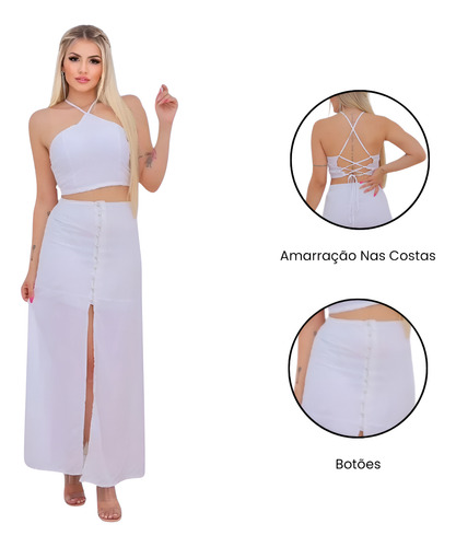 Conjunto Feminino Viscolinho com Saia Longa e Cropped Frente Única com Bojo