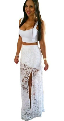 Conjunto Feminino Cropped de Renda com Saia Longa – Elegante, Confortável e Sem Transparência