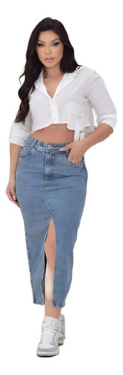 Saia Jeans Feminina Midi Cintura Alta com Recorte – Evangélica, 100% Algodão e Bolsos Funcionais